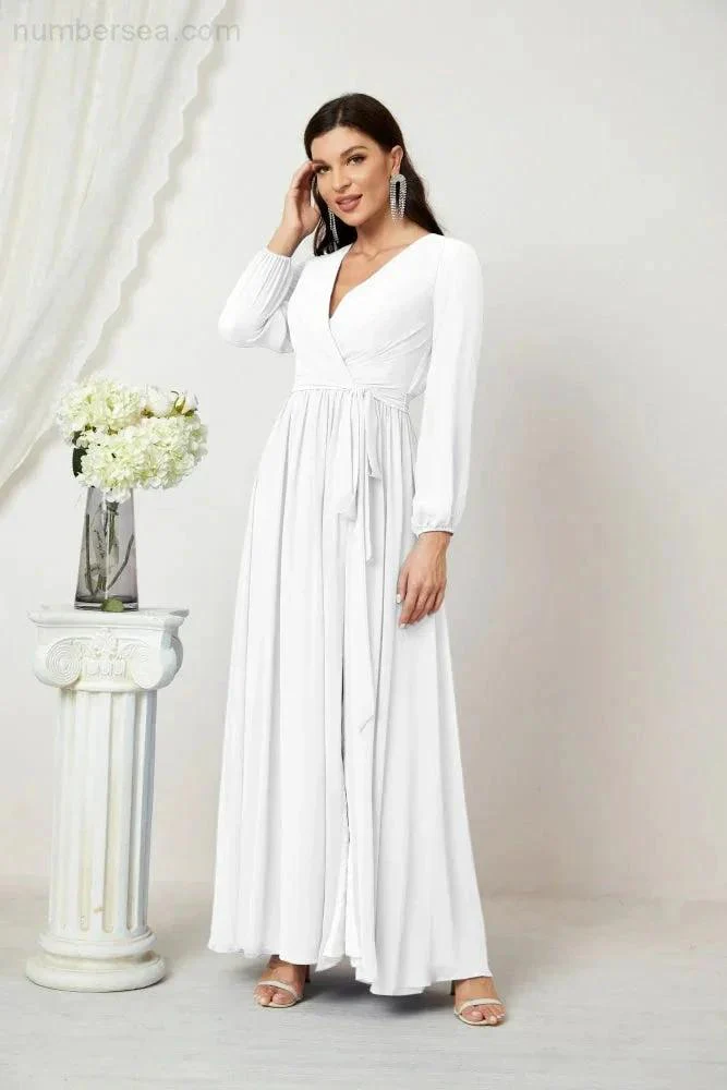Sunnderly Evening Dresses Deep V-Neck Chiffon Bridesmaid Dresses Long Bishop Sleeve Side Split Formal Dress SY2806 - Image 167