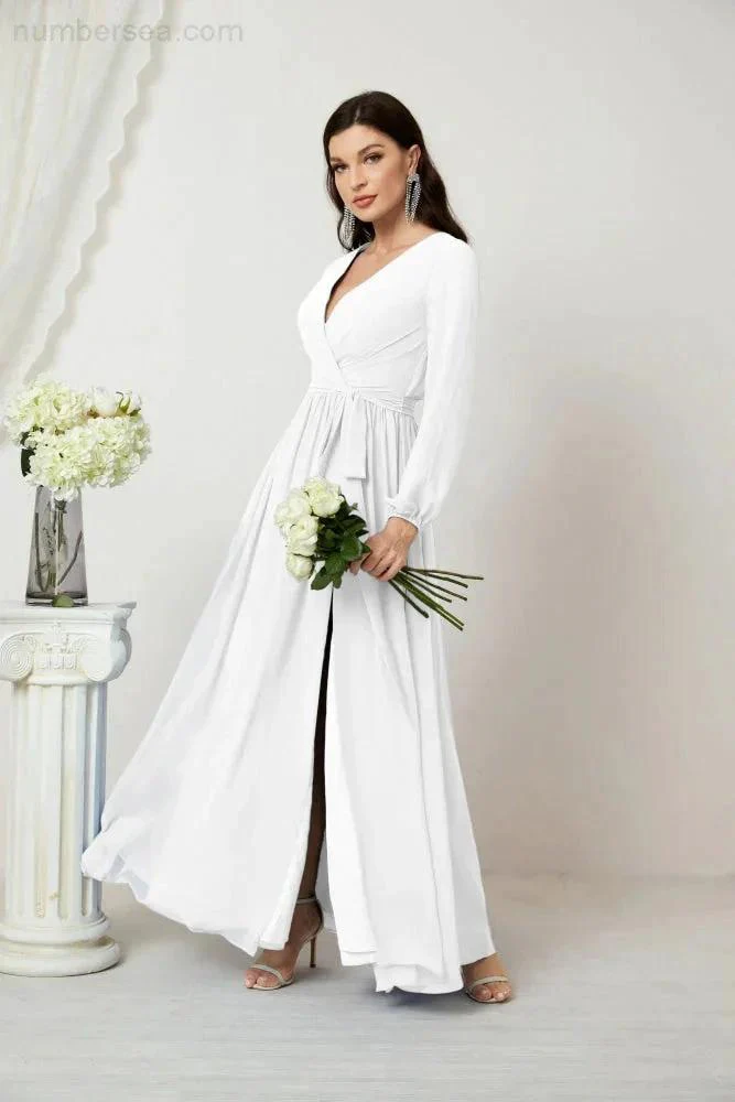 Sunnderly Evening Dresses Deep V-Neck Chiffon Bridesmaid Dresses Long Bishop Sleeve Side Split Formal Dress SY2806 - Image 168