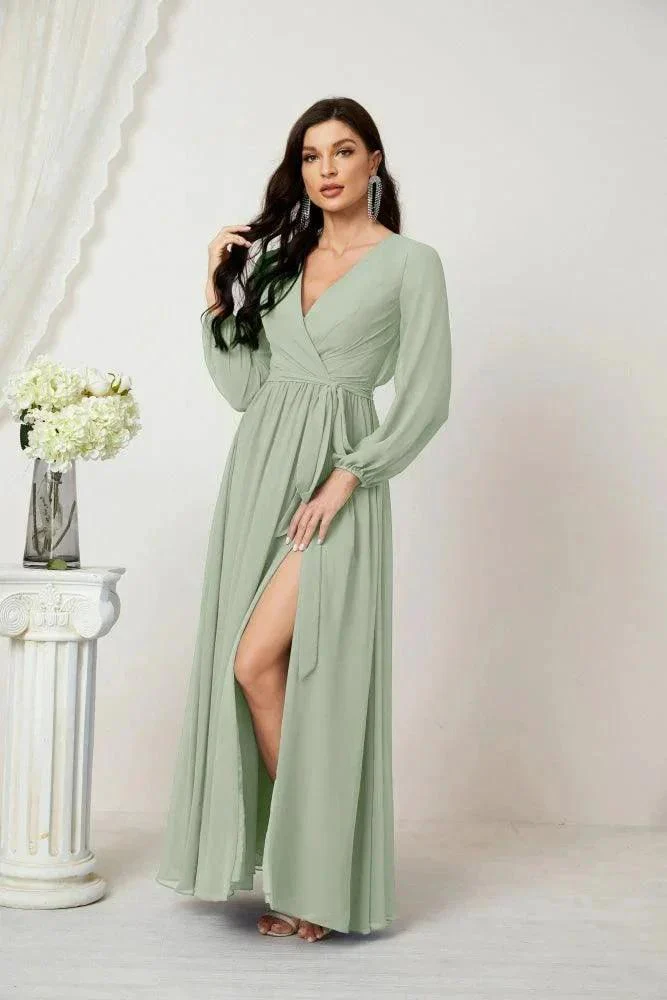 Sunnderly Evening Dresses Deep V-Neck Chiffon Bridesmaid Dresses Long Bishop Sleeve Side Split Formal Dress SY2806 - Image 17