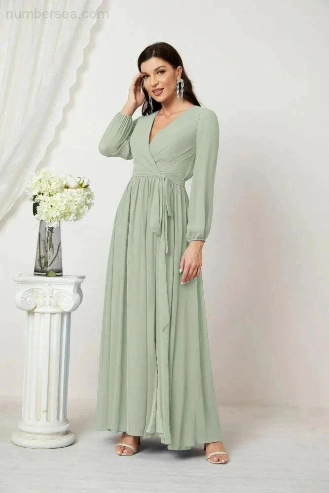 Sunnderly Evening Dresses Deep V-Neck Chiffon Bridesmaid Dresses Long Bishop Sleeve Side Split Formal Dress SY2806 - Image 19