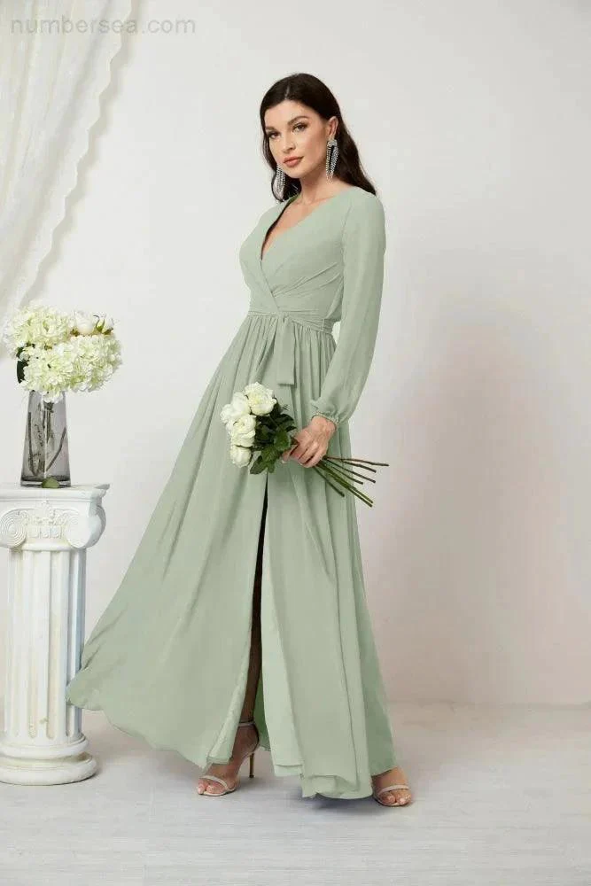 Sunnderly Evening Dresses Deep V-Neck Chiffon Bridesmaid Dresses Long Bishop Sleeve Side Split Formal Dress SY2806 - Image 20