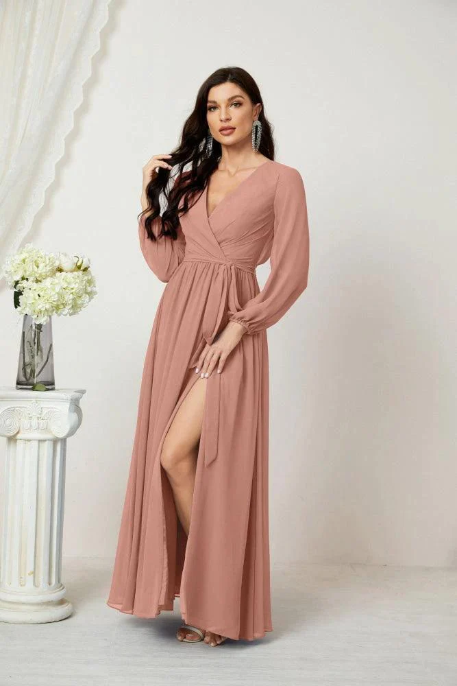 Sunnderly Evening Dresses Deep V-Neck Chiffon Bridesmaid Dresses Long Bishop Sleeve Side Split Formal Dress SY2806 - Image 21