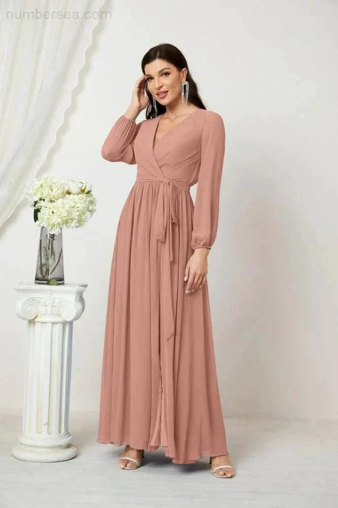 Sunnderly Evening Dresses Deep V-Neck Chiffon Bridesmaid Dresses Long Bishop Sleeve Side Split Formal Dress SY2806 - Image 23