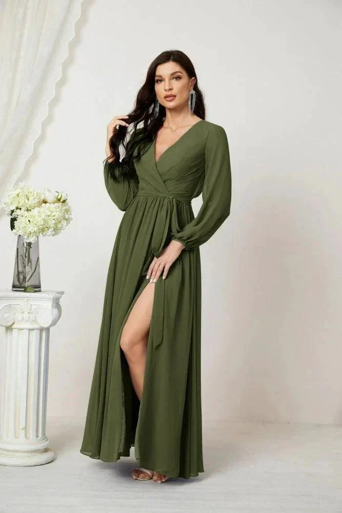 Sunnderly Evening Dresses Deep V-Neck Chiffon Bridesmaid Dresses Long Bishop Sleeve Side Split Formal Dress SY2806 - Image 25