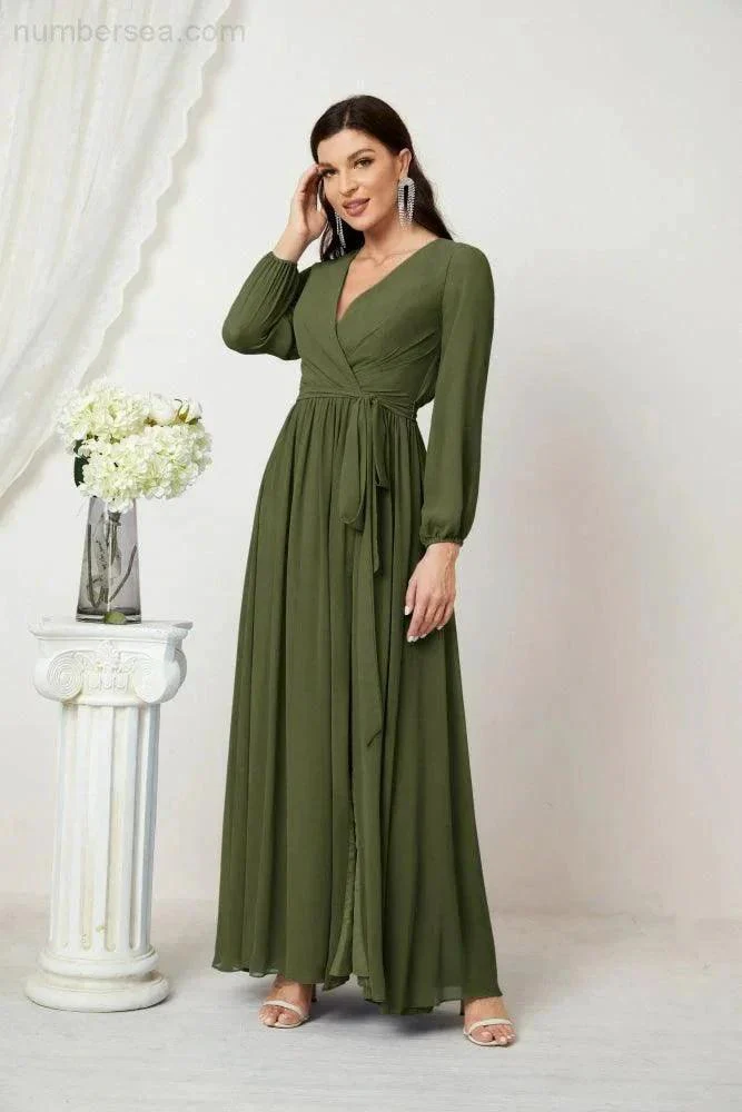 Sunnderly Evening Dresses Deep V-Neck Chiffon Bridesmaid Dresses Long Bishop Sleeve Side Split Formal Dress SY2806 - Image 27