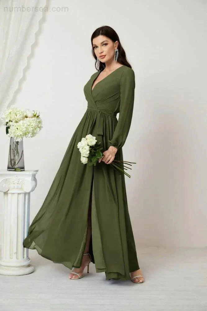 Sunnderly Evening Dresses Deep V-Neck Chiffon Bridesmaid Dresses Long Bishop Sleeve Side Split Formal Dress SY2806 - Image 28