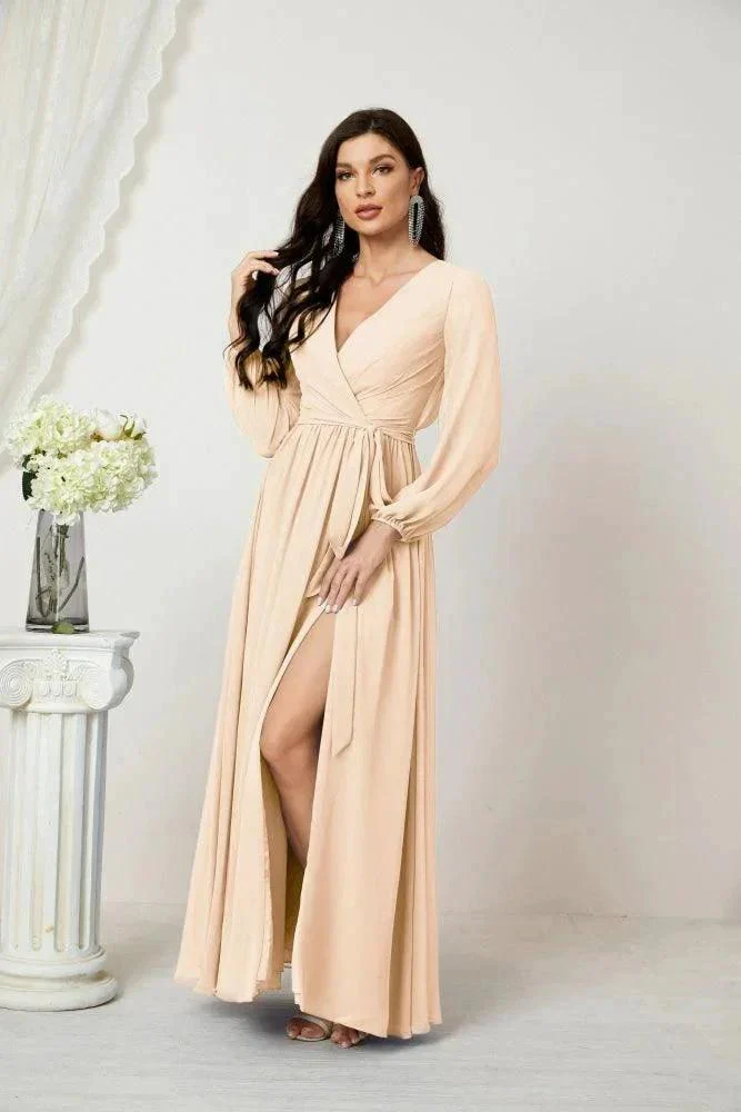 Sunnderly Evening Dresses Deep V-Neck Chiffon Bridesmaid Dresses Long Bishop Sleeve Side Split Formal Dress SY2806 - Image 29