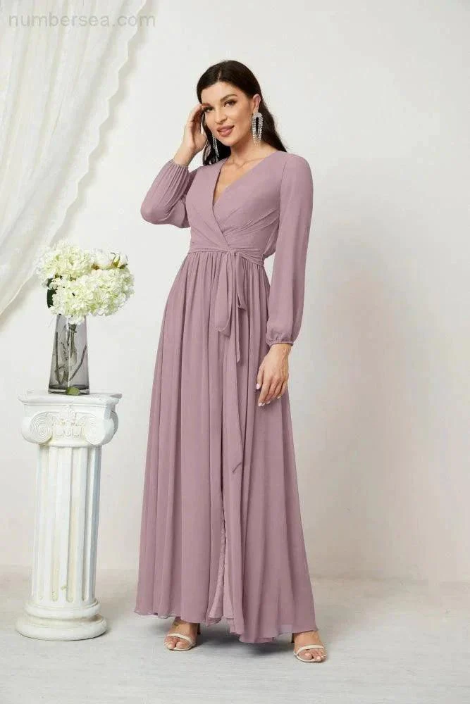 Sunnderly Evening Dresses Deep V-Neck Chiffon Bridesmaid Dresses Long Bishop Sleeve Side Split Formal Dress SY2806 - Image 3