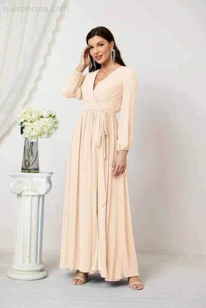 Sunnderly Evening Dresses Deep V-Neck Chiffon Bridesmaid Dresses Long Bishop Sleeve Side Split Formal Dress SY2806 - Image 31