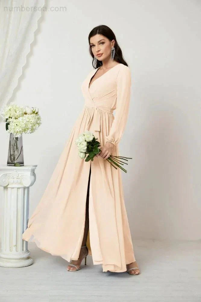Sunnderly Evening Dresses Deep V-Neck Chiffon Bridesmaid Dresses Long Bishop Sleeve Side Split Formal Dress SY2806 - Image 32