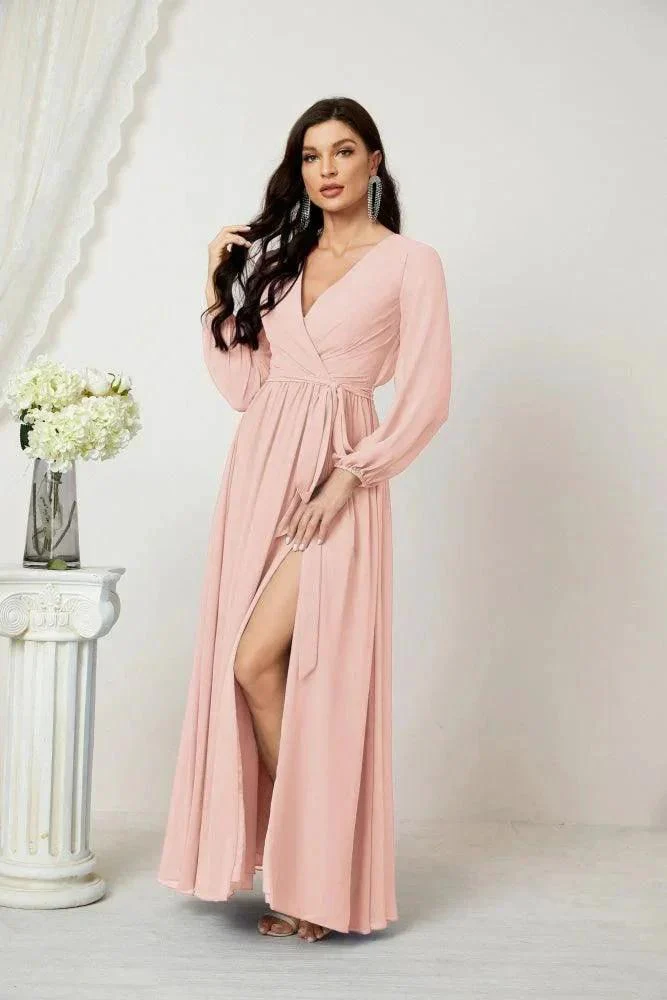 Sunnderly Evening Dresses Deep V-Neck Chiffon Bridesmaid Dresses Long Bishop Sleeve Side Split Formal Dress SY2806 - Image 33
