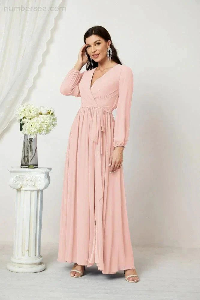 Sunnderly Evening Dresses Deep V-Neck Chiffon Bridesmaid Dresses Long Bishop Sleeve Side Split Formal Dress SY2806 - Image 35