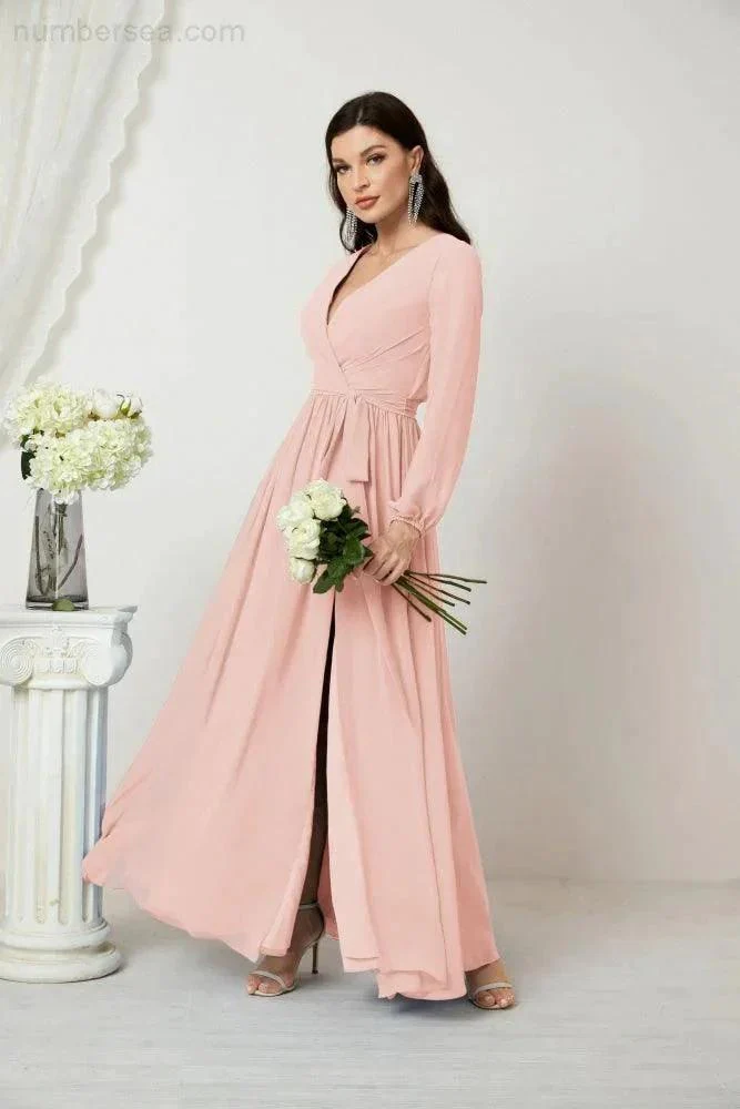 Sunnderly Evening Dresses Deep V-Neck Chiffon Bridesmaid Dresses Long Bishop Sleeve Side Split Formal Dress SY2806 - Image 36