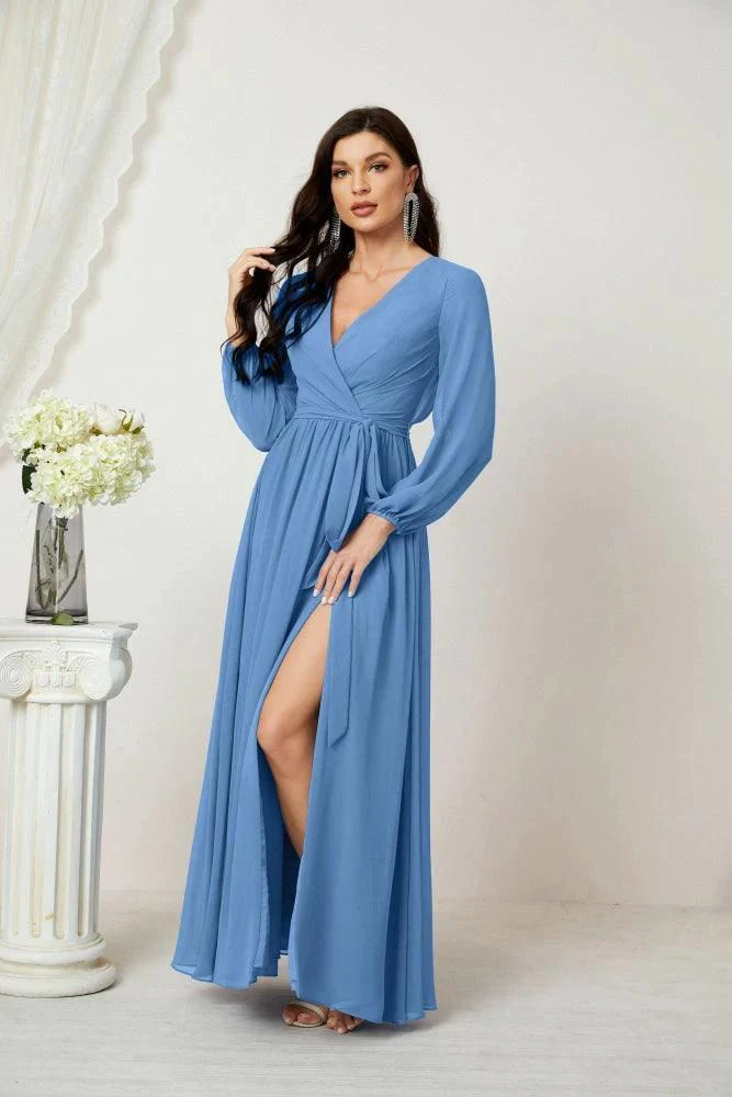 Sunnderly Evening Dresses Deep V-Neck Chiffon Bridesmaid Dresses Long Bishop Sleeve Side Split Formal Dress SY2806 - Image 37