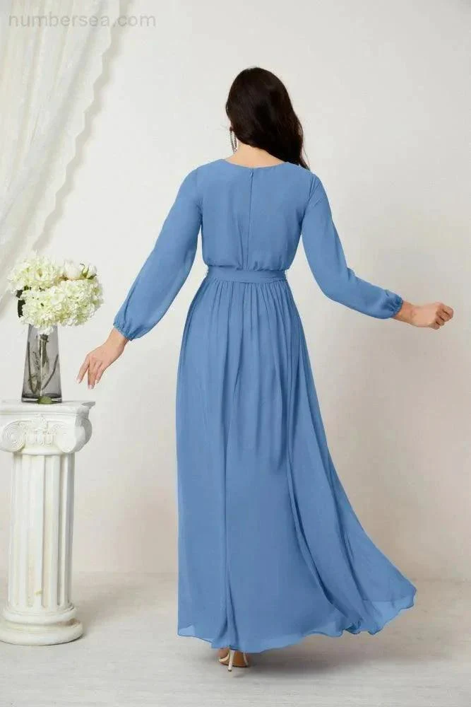 Sunnderly Evening Dresses Deep V-Neck Chiffon Bridesmaid Dresses Long Bishop Sleeve Side Split Formal Dress SY2806 - Image 38