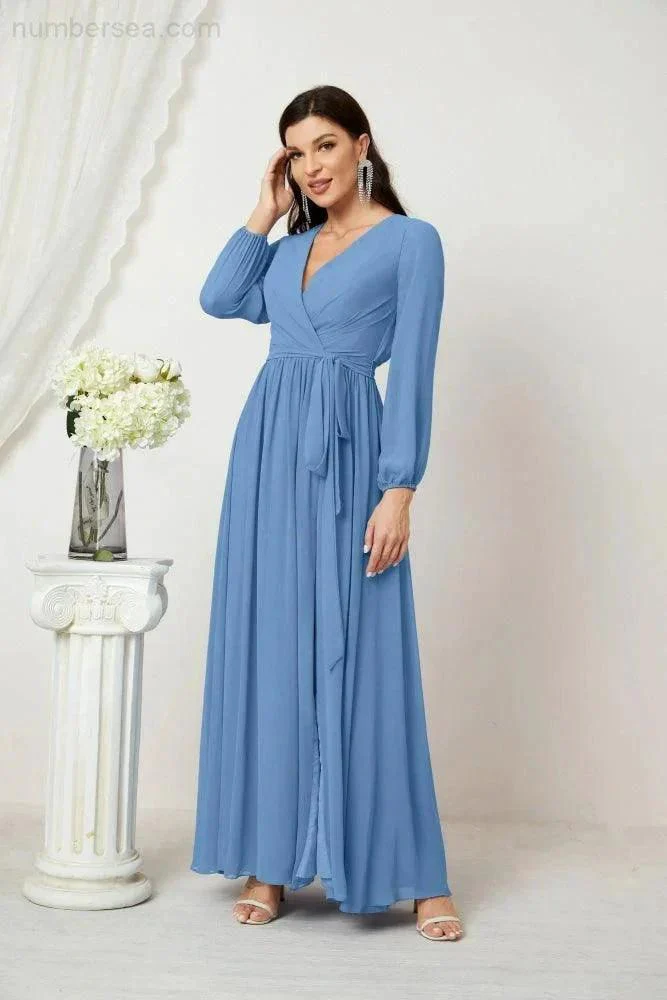 Sunnderly Evening Dresses Deep V-Neck Chiffon Bridesmaid Dresses Long Bishop Sleeve Side Split Formal Dress SY2806 - Image 39