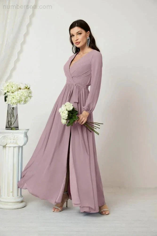 Sunnderly Evening Dresses Deep V-Neck Chiffon Bridesmaid Dresses Long Bishop Sleeve Side Split Formal Dress SY2806 - Image 4