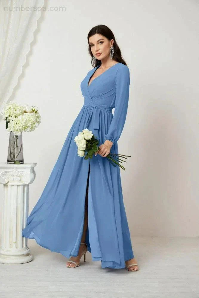 Sunnderly Evening Dresses Deep V-Neck Chiffon Bridesmaid Dresses Long Bishop Sleeve Side Split Formal Dress SY2806 - Image 40