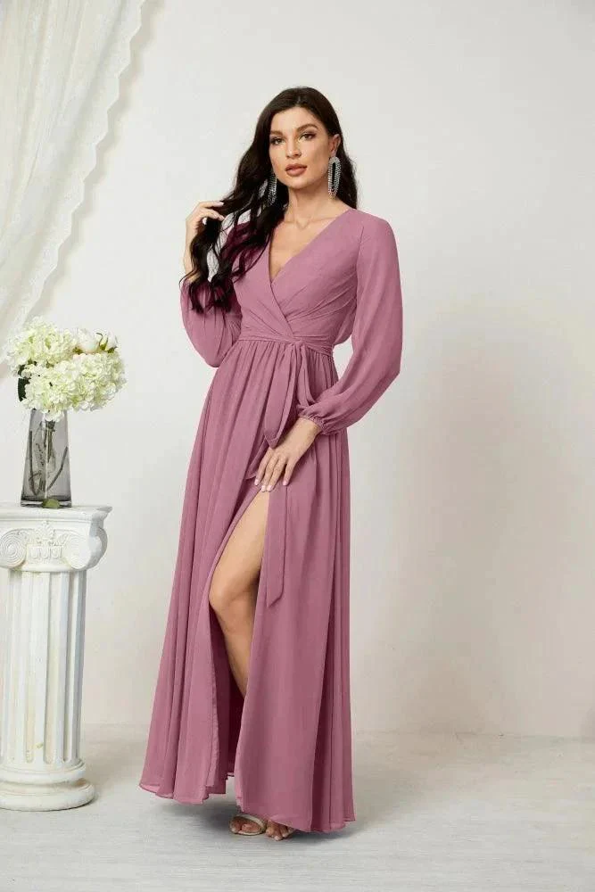 Sunnderly Evening Dresses Deep V-Neck Chiffon Bridesmaid Dresses Long Bishop Sleeve Side Split Formal Dress SY2806 - Image 41