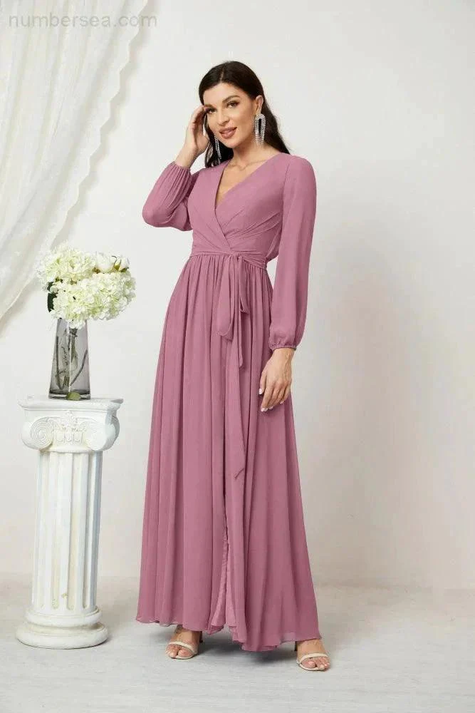 Sunnderly Evening Dresses Deep V-Neck Chiffon Bridesmaid Dresses Long Bishop Sleeve Side Split Formal Dress SY2806 - Image 43