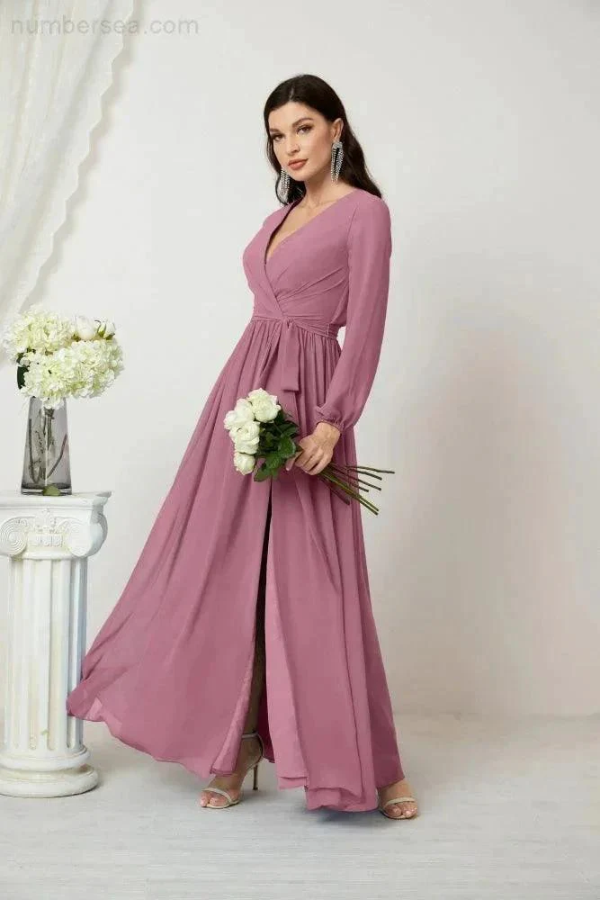 Sunnderly Evening Dresses Deep V-Neck Chiffon Bridesmaid Dresses Long Bishop Sleeve Side Split Formal Dress SY2806 - Image 44