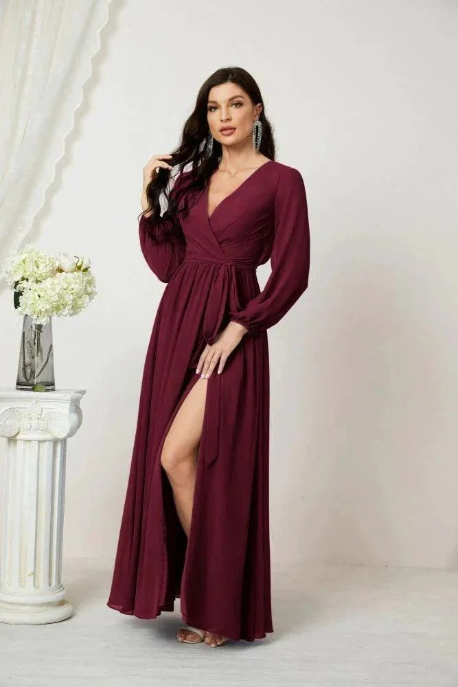 Sunnderly Evening Dresses Deep V-Neck Chiffon Bridesmaid Dresses Long Bishop Sleeve Side Split Formal Dress SY2806 - Image 45