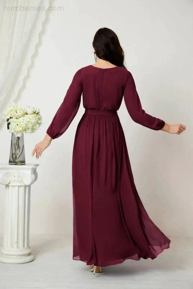 Sunnderly Evening Dresses Deep V-Neck Chiffon Bridesmaid Dresses Long Bishop Sleeve Side Split Formal Dress SY2806 - Image 46