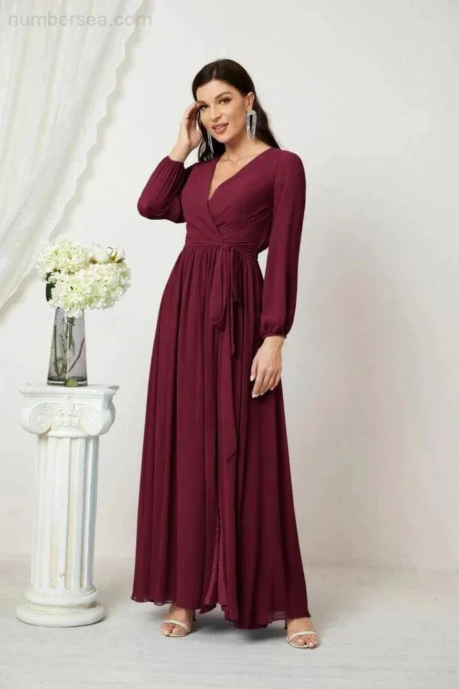 Sunnderly Evening Dresses Deep V-Neck Chiffon Bridesmaid Dresses Long Bishop Sleeve Side Split Formal Dress SY2806 - Image 47