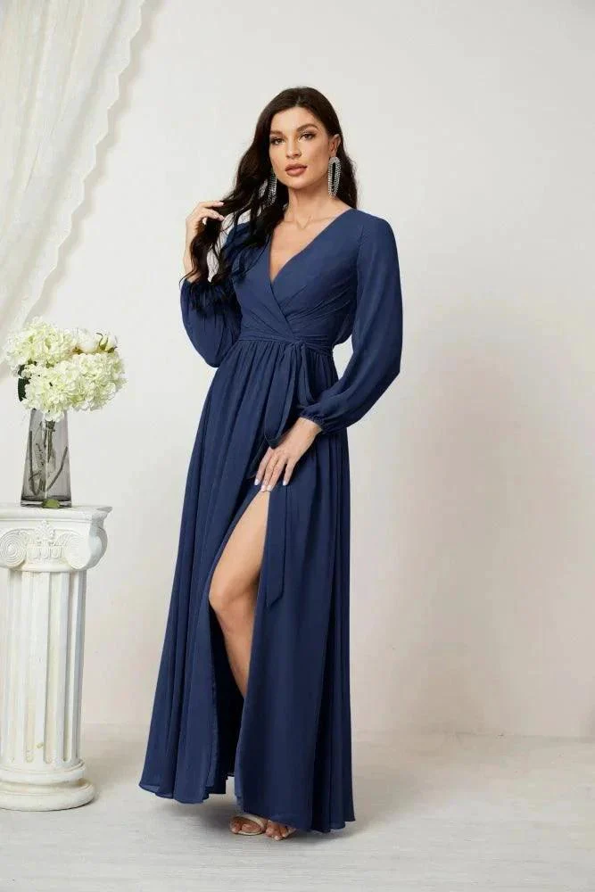 Sunnderly Evening Dresses Deep V-Neck Chiffon Bridesmaid Dresses Long Bishop Sleeve Side Split Formal Dress SY2806 - Image 49