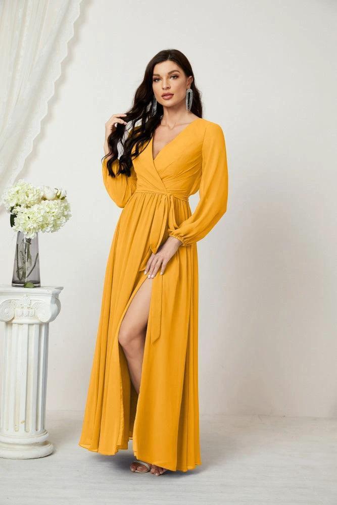 Sunnderly Evening Dresses Deep V-Neck Chiffon Bridesmaid Dresses Long Bishop Sleeve Side Split Formal Dress SY2806 - Image 5