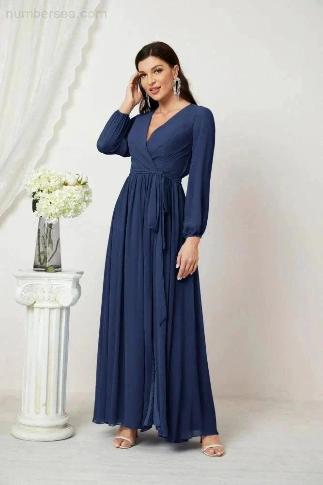 Sunnderly Evening Dresses Deep V-Neck Chiffon Bridesmaid Dresses Long Bishop Sleeve Side Split Formal Dress SY2806 - Image 51