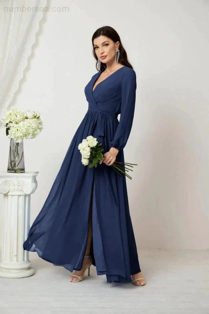 Sunnderly Evening Dresses Deep V-Neck Chiffon Bridesmaid Dresses Long Bishop Sleeve Side Split Formal Dress SY2806 - Image 52
