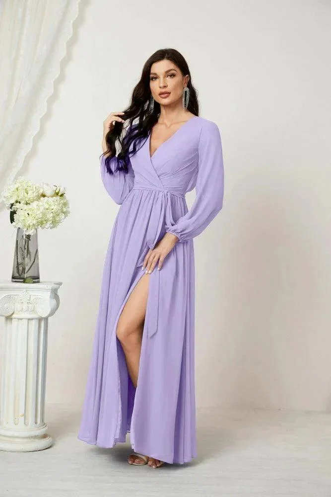 Sunnderly Evening Dresses Deep V-Neck Chiffon Bridesmaid Dresses Long Bishop Sleeve Side Split Formal Dress SY2806 - Image 53