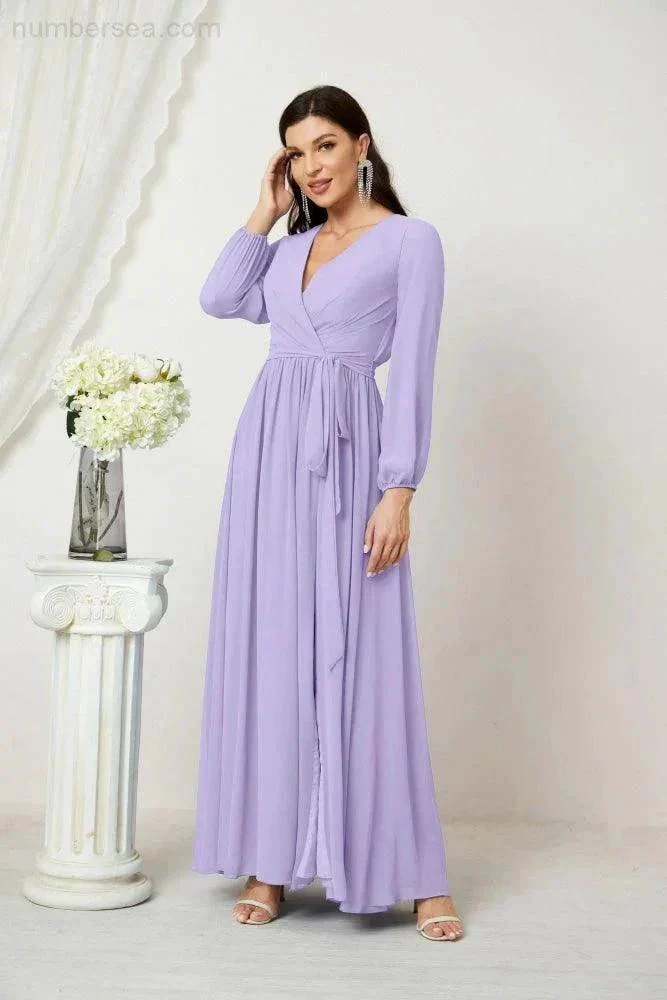 Sunnderly Evening Dresses Deep V-Neck Chiffon Bridesmaid Dresses Long Bishop Sleeve Side Split Formal Dress SY2806 - Image 55
