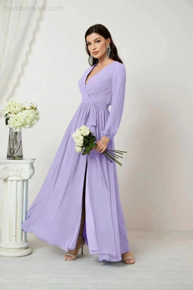Sunnderly Evening Dresses Deep V-Neck Chiffon Bridesmaid Dresses Long Bishop Sleeve Side Split Formal Dress SY2806 - Image 56