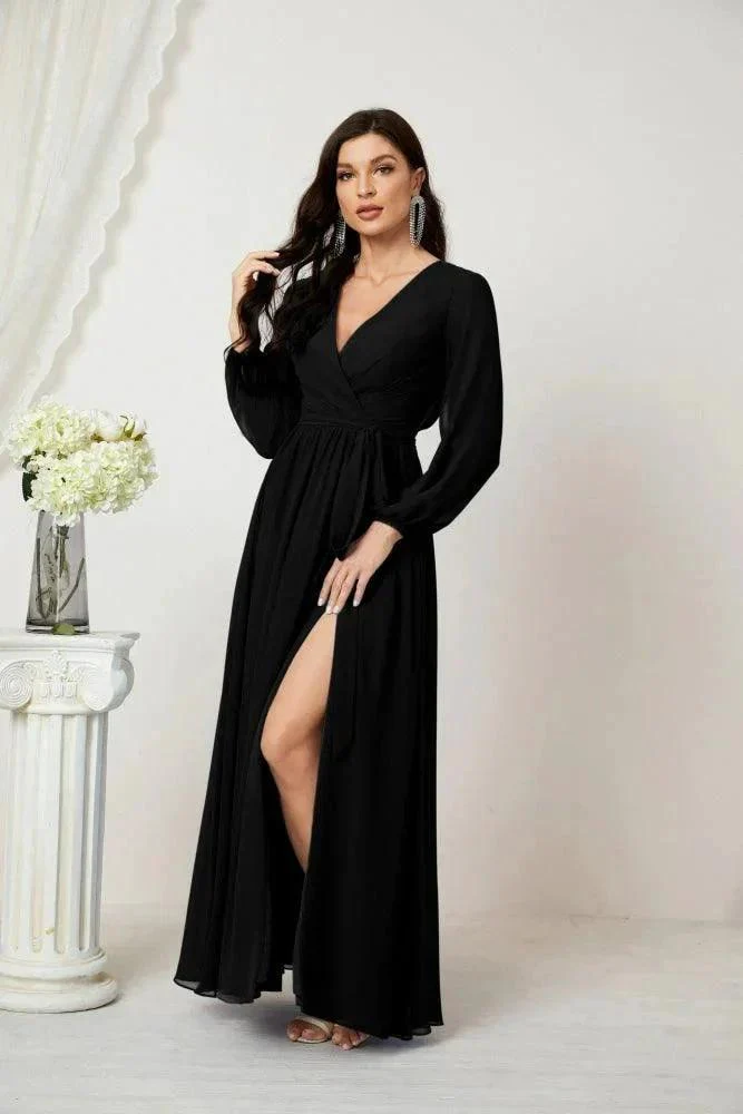 Sunnderly Evening Dresses Deep V-Neck Chiffon Bridesmaid Dresses Long Bishop Sleeve Side Split Formal Dress SY2806 - Image 57