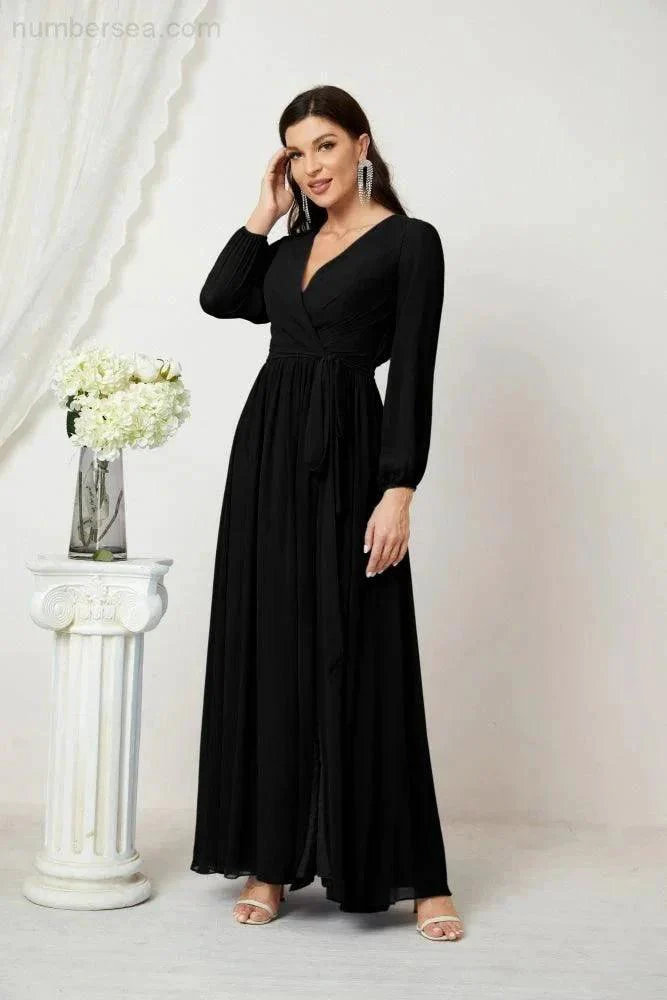 Sunnderly Evening Dresses Deep V-Neck Chiffon Bridesmaid Dresses Long Bishop Sleeve Side Split Formal Dress SY2806 - Image 59