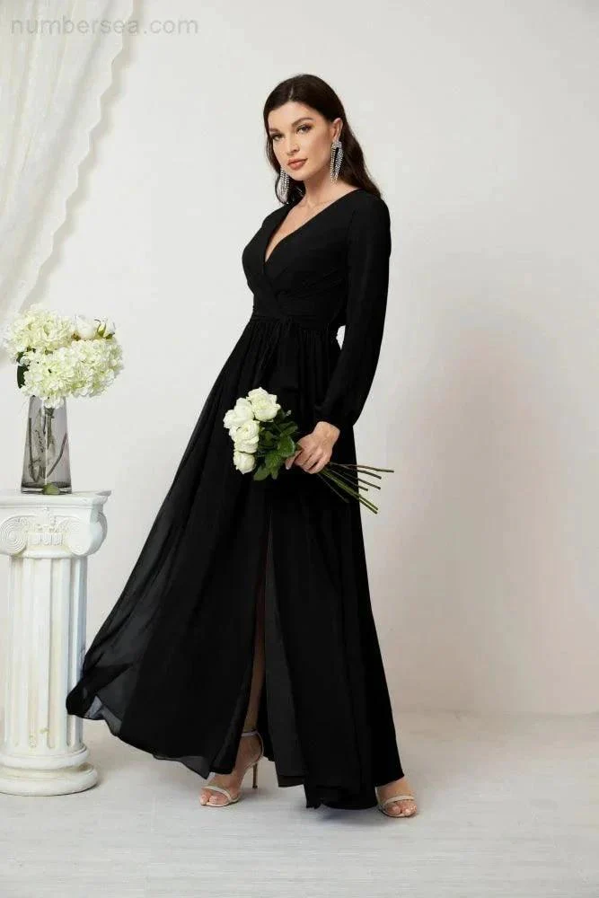 Sunnderly Evening Dresses Deep V-Neck Chiffon Bridesmaid Dresses Long Bishop Sleeve Side Split Formal Dress SY2806 - Image 60