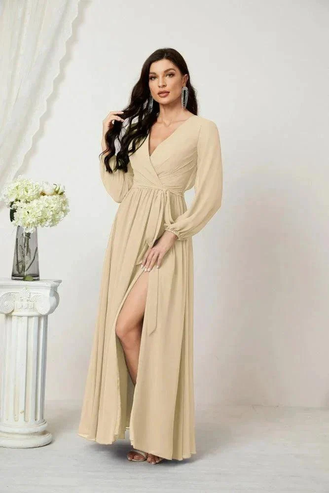 Sunnderly Evening Dresses Deep V-Neck Chiffon Bridesmaid Dresses Long Bishop Sleeve Side Split Formal Dress SY2806 - Image 61