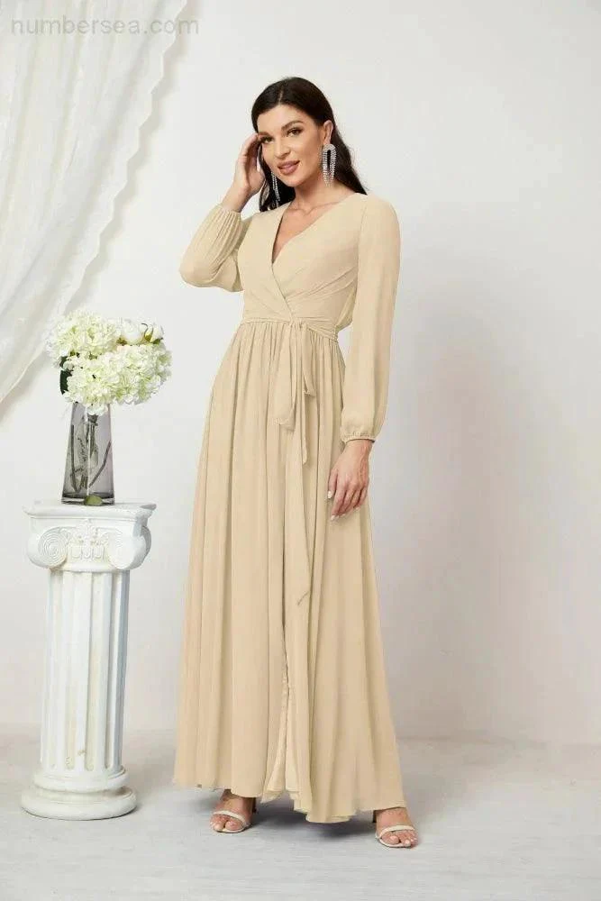 Sunnderly Evening Dresses Deep V-Neck Chiffon Bridesmaid Dresses Long Bishop Sleeve Side Split Formal Dress SY2806 - Image 63