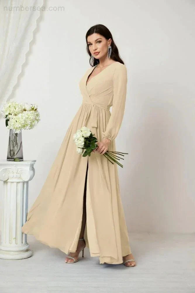 Sunnderly Evening Dresses Deep V-Neck Chiffon Bridesmaid Dresses Long Bishop Sleeve Side Split Formal Dress SY2806 - Image 64