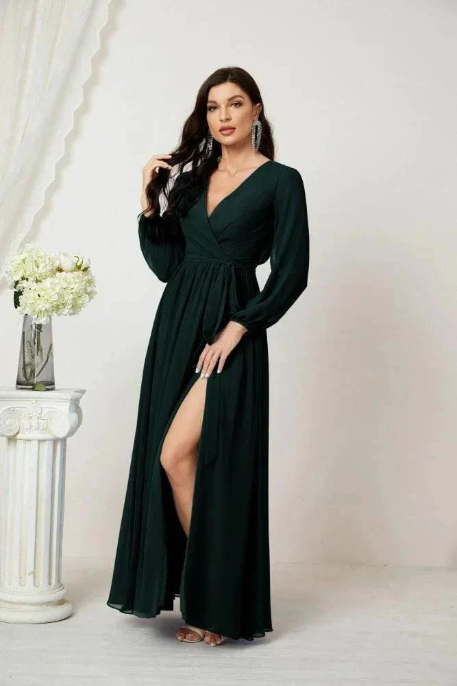 Sunnderly Evening Dresses Deep V-Neck Chiffon Bridesmaid Dresses Long Bishop Sleeve Side Split Formal Dress SY2806 - Image 65