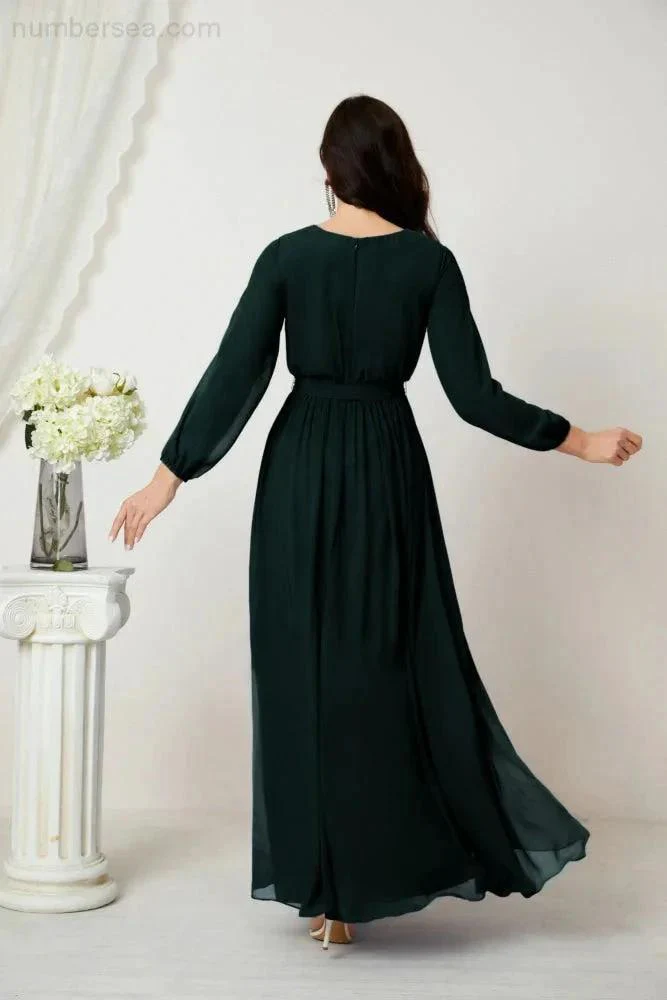 Sunnderly Evening Dresses Deep V-Neck Chiffon Bridesmaid Dresses Long Bishop Sleeve Side Split Formal Dress SY2806 - Image 66