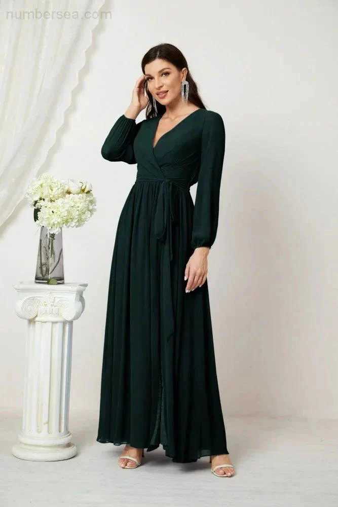 Sunnderly Evening Dresses Deep V-Neck Chiffon Bridesmaid Dresses Long Bishop Sleeve Side Split Formal Dress SY2806 - Image 67