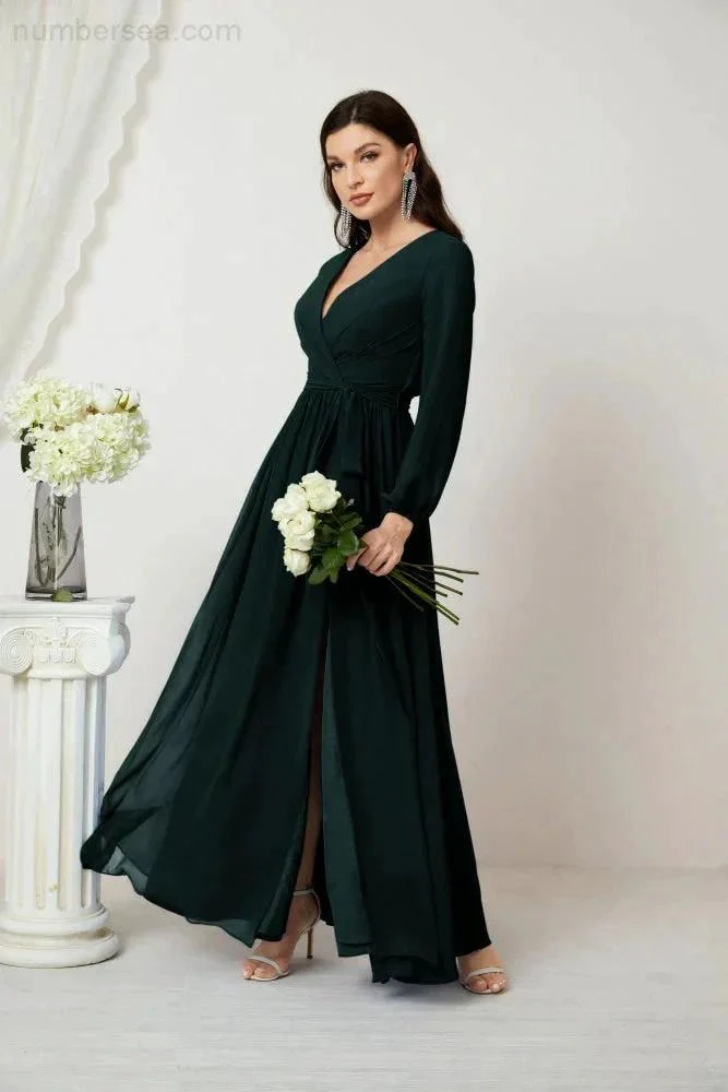Sunnderly Evening Dresses Deep V-Neck Chiffon Bridesmaid Dresses Long Bishop Sleeve Side Split Formal Dress SY2806 - Image 68