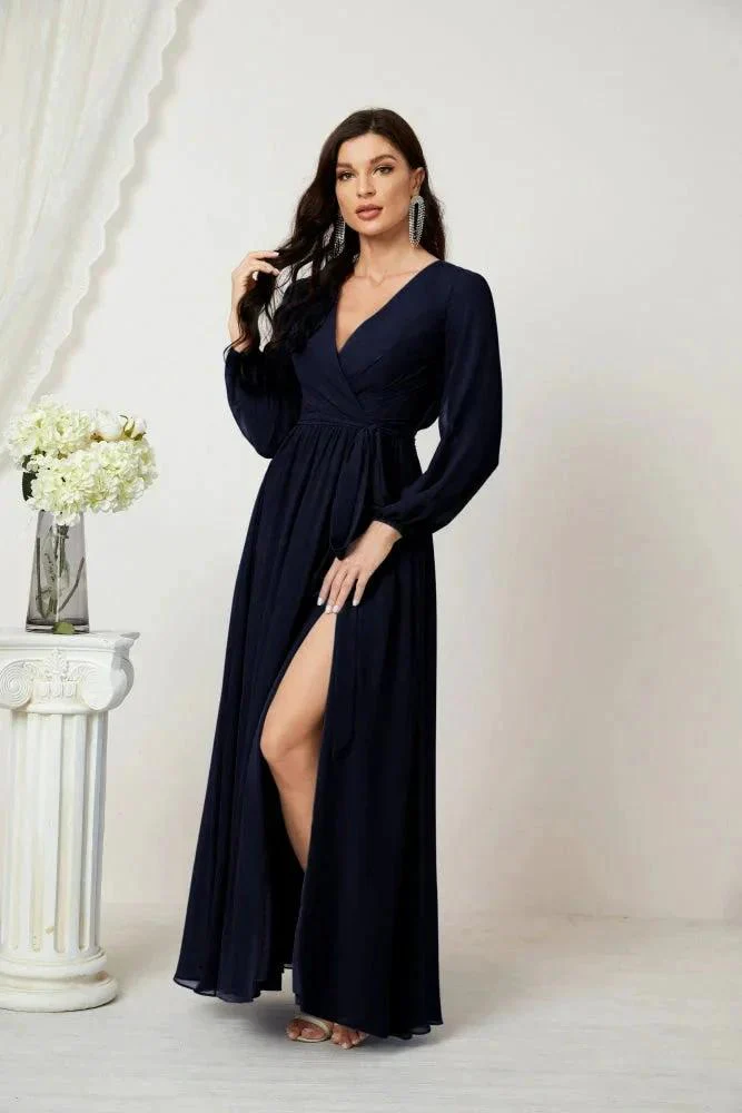 Sunnderly Evening Dresses Deep V-Neck Chiffon Bridesmaid Dresses Long Bishop Sleeve Side Split Formal Dress SY2806 - Image 69
