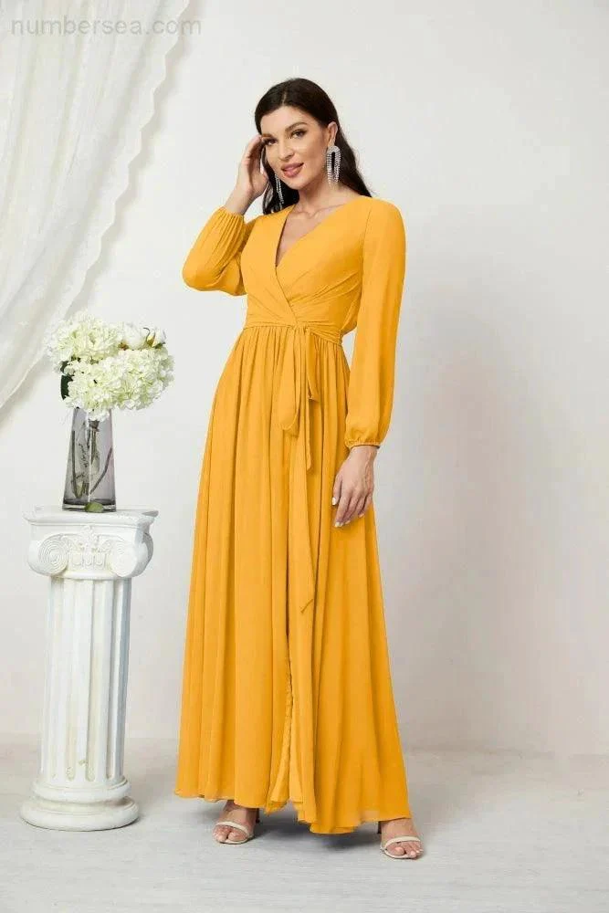 Sunnderly Evening Dresses Deep V-Neck Chiffon Bridesmaid Dresses Long Bishop Sleeve Side Split Formal Dress SY2806 - Image 7