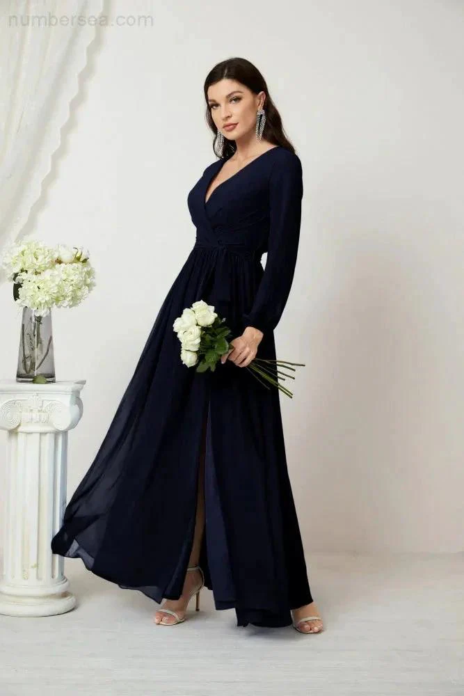 Sunnderly Evening Dresses Deep V-Neck Chiffon Bridesmaid Dresses Long Bishop Sleeve Side Split Formal Dress SY2806 - Image 72