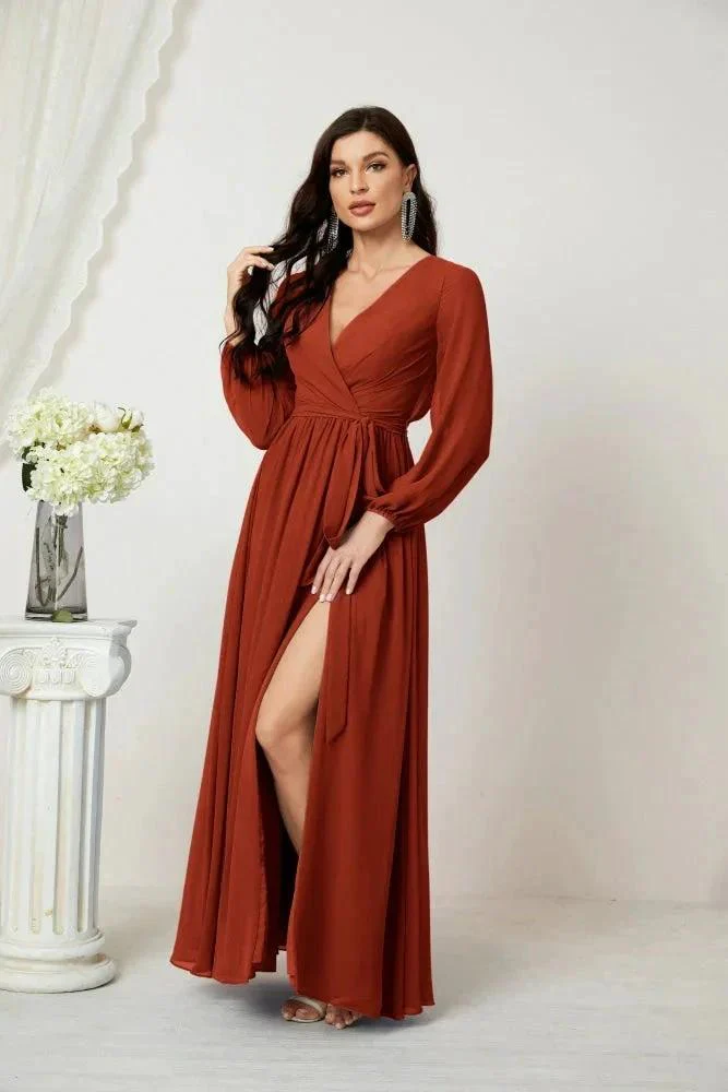 Sunnderly Evening Dresses Deep V-Neck Chiffon Bridesmaid Dresses Long Bishop Sleeve Side Split Formal Dress SY2806 - Image 73