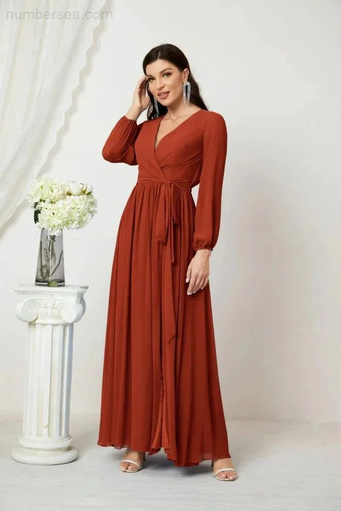 Sunnderly Evening Dresses Deep V-Neck Chiffon Bridesmaid Dresses Long Bishop Sleeve Side Split Formal Dress SY2806 - Image 75